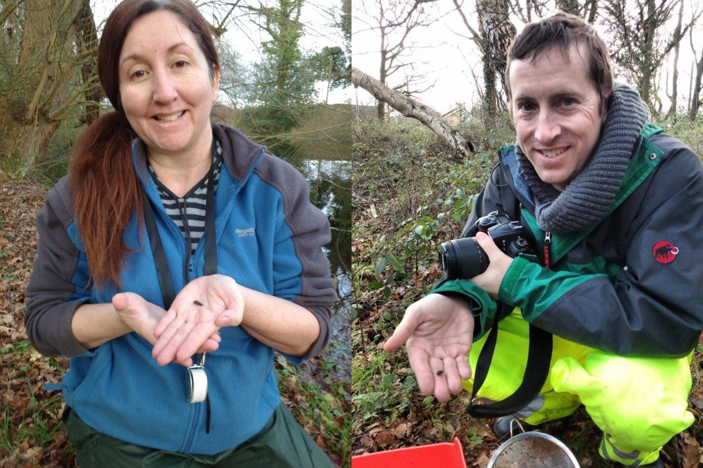 PondNet volunteers Amanda Barber and Simon Strickland with the Mud Snail they found