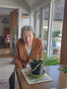 Older lady smiling with a plant in a pot on the table.